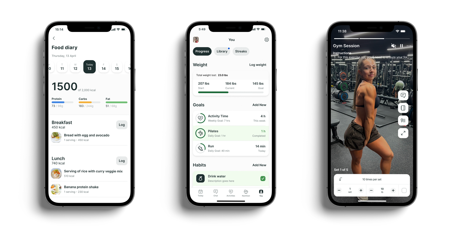 A mockup of the coaching app showcasing the different features.